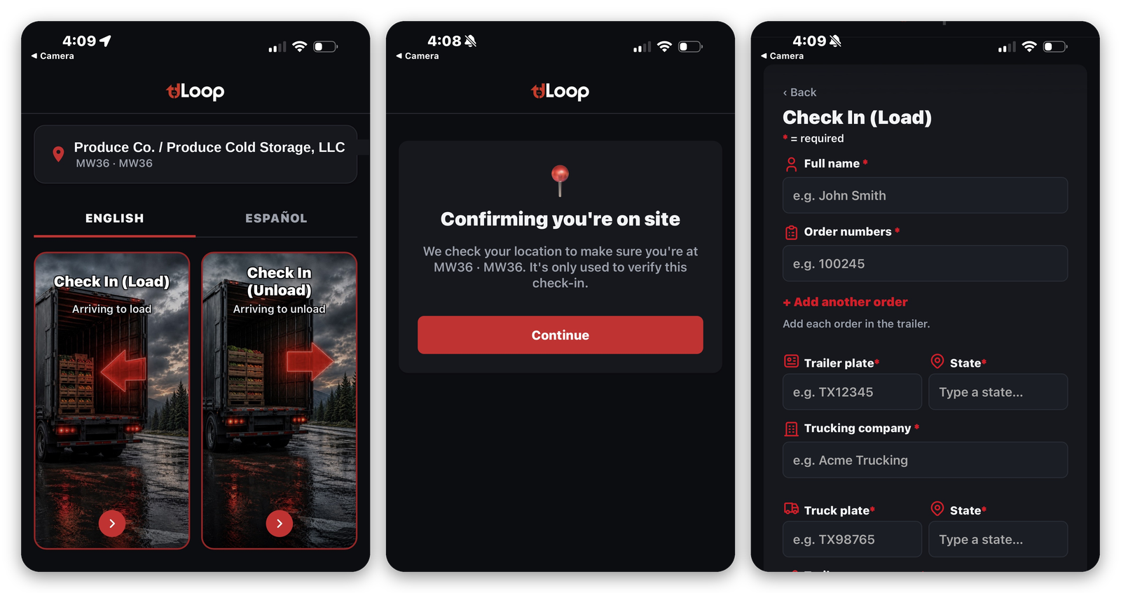tdLoop mobile app: check-in for load or unload, on-site location confirm, and driver check-in form